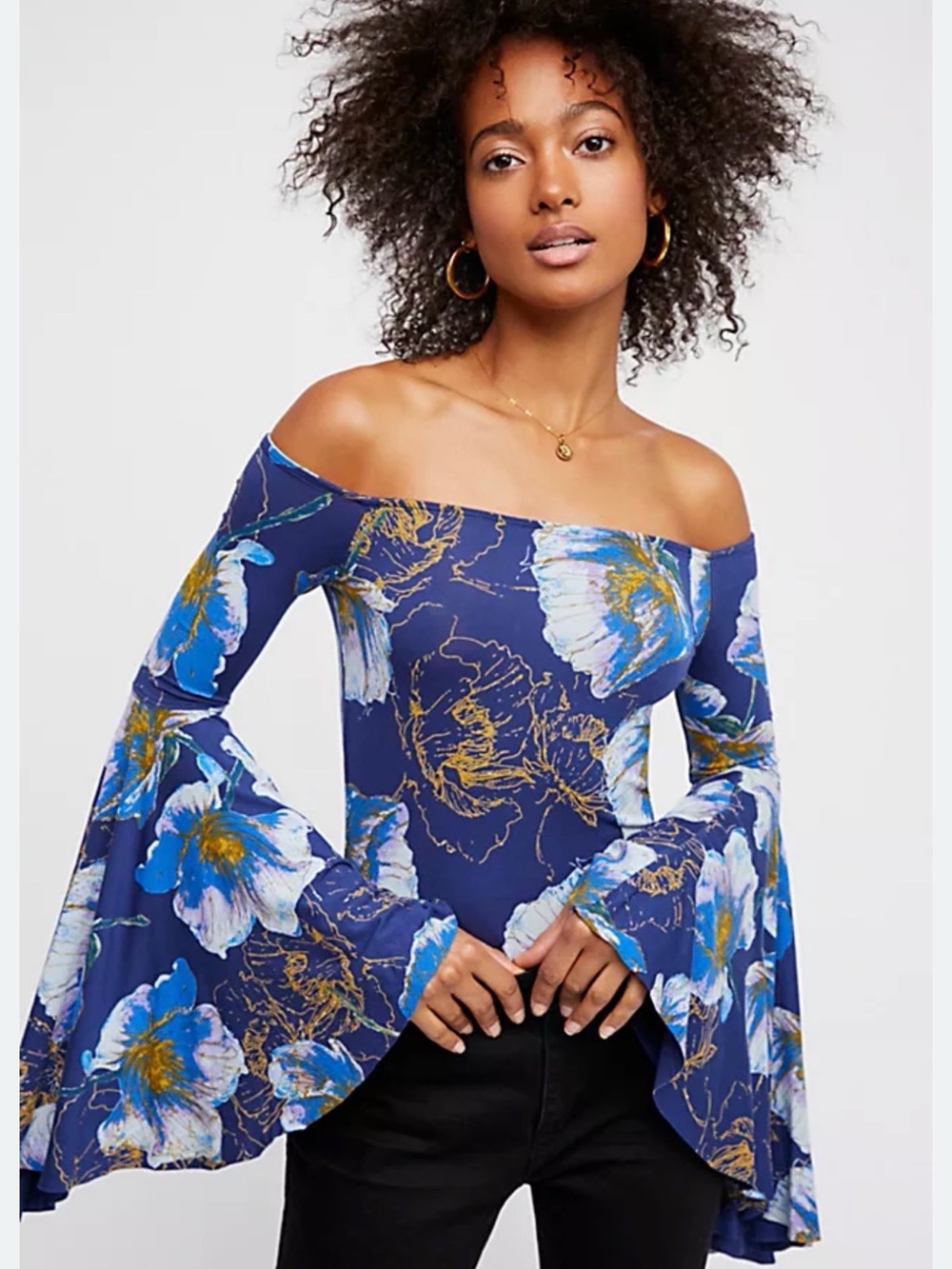 We The Free Navy Blue Off-Shoulder Floral Bell-Sleeve Top